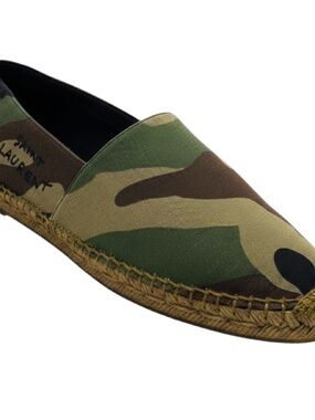 SAINT LAURENT GREEN CAMOUFLAGE PRINT LOGO EMBROIDERED CANVAS ESPADRILLE FLATS